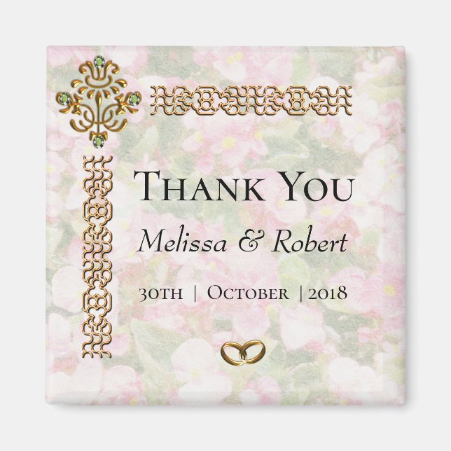 Golden Jeweled Floral Wedding Thank You Magnet (Front)