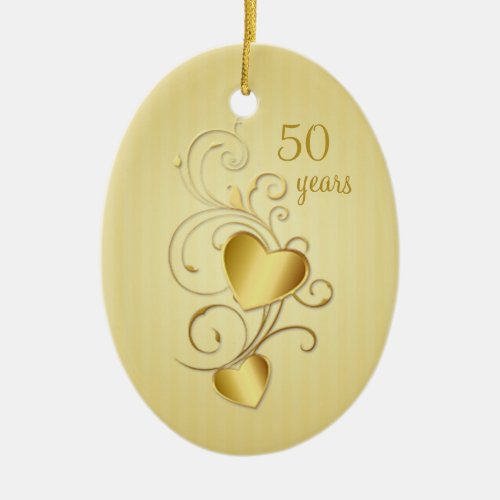 Golden joined hearts 50th Wedding Anniversary Ceramic Ornament