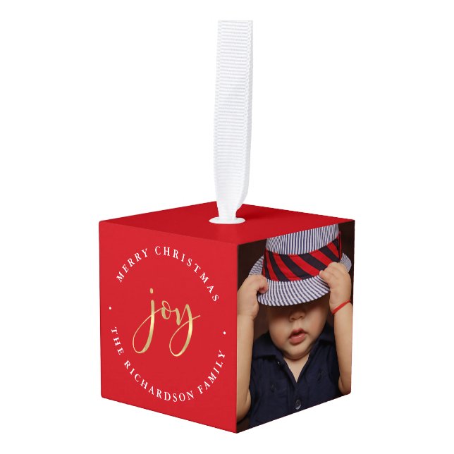 Golden Joy | Red Merry Christmas with Photos Cube Ornament (Front Angled)