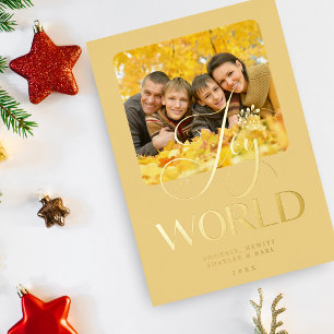 Golden Joy to the World Quote Luxury Family Photo Foil Invitation