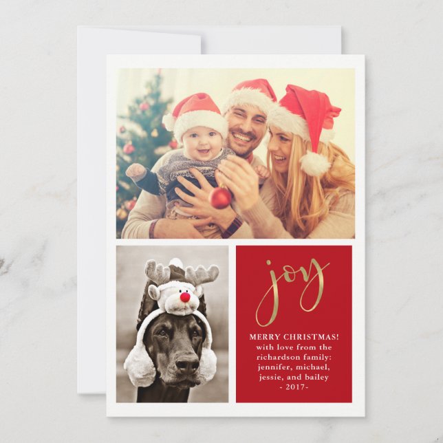 Golden Joy | Two Photo Red Christmas Card (Front)