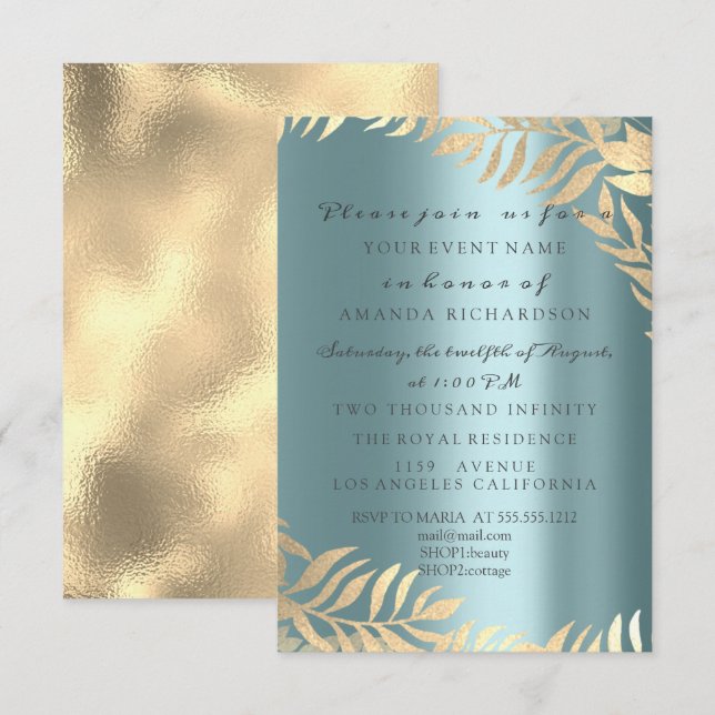 Golden Jungle Blue Gold Elegant Bridal Birthday Invitation (Front/Back)