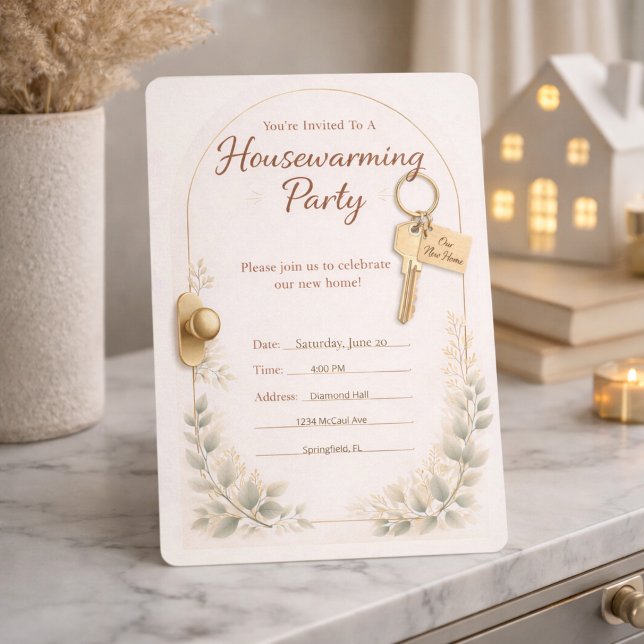 Golden Key Gathering Invitation (Key to new beginnings with gold accents, arch design, and soft greenery detail)