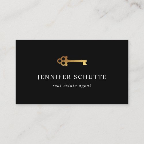 Golden Key Luxury Black  Gold Real Estate Agent Business Card
