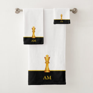 Golden King & Monogram on Black & White Bath Towel Set