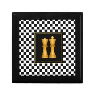 Golden King & Quee on Black & White Chess Pattern Gift Box