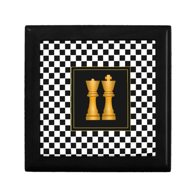Golden King & Quee on Black & White Chess Pattern Gift Box (Front)