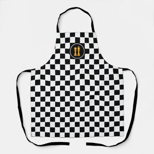 Golden King  Queen on Black White Chess Pattern Apron