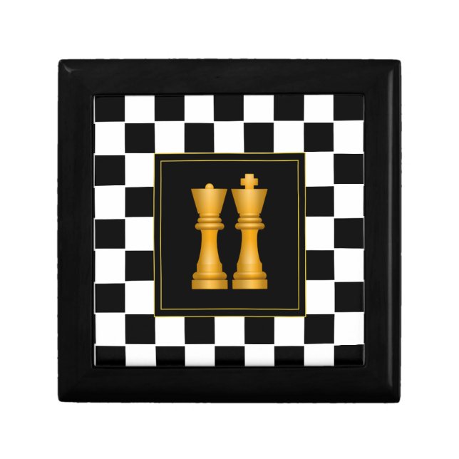 Golden King & Queen on Chess Pattern Gift Box (Front)