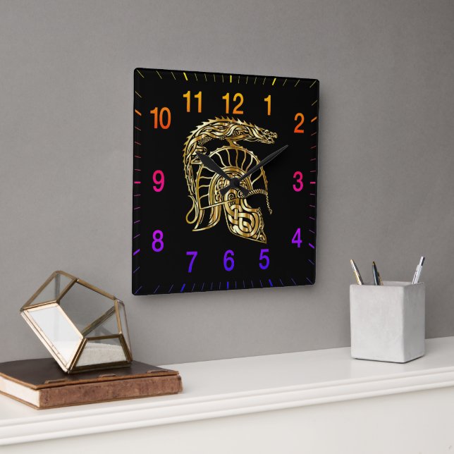 Golden knight armor helmet with rainbow numbers square wall clock (Office)