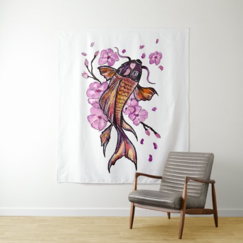 Golden Koi Carp and Pink Blossoms Tapestry