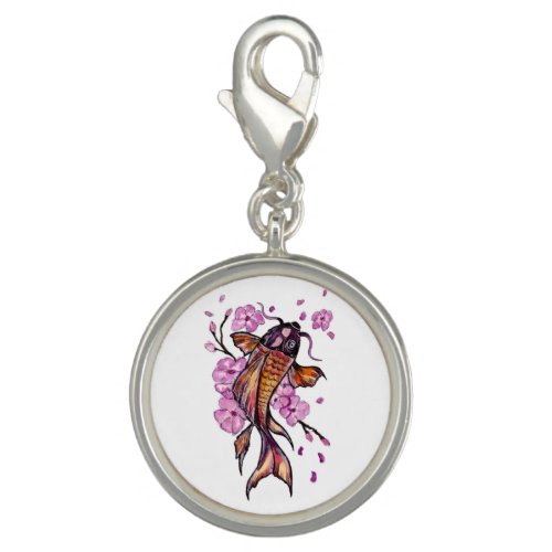 Golden Koi Carp and Purple Flowers Charm