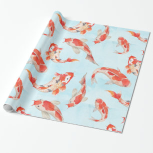 Golden Koi Carp Fish Watercolor on Watery Blue Wrapping Paper