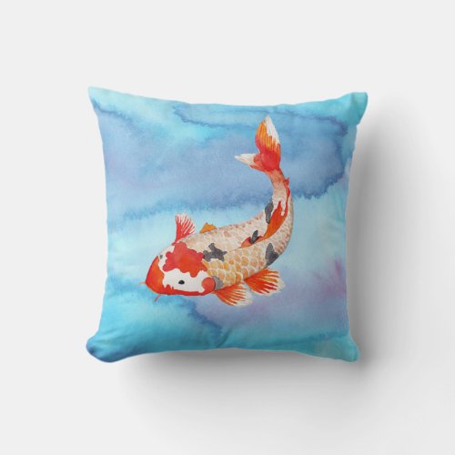 Golden Koi Carp Fish Watercolor Unusual Throw Pillow