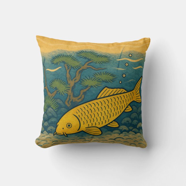 Golden Koi Japanese Art Throw Pillow (Front)
