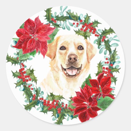 Golden Lab Poinsettia Holly Holiday Wreath Classic Round Sticker