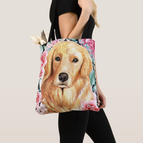 Golden lab watercolor dog face rose wreath art tote bag