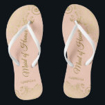 Golden Lace on Coral Peach Maid of Honor Wedding Flip Flops<br><div class="desc">These beautiful wedding flip flops are a great way to thank and recognize your Maid of Honor while saving her feet at the same time. Features an elegant design with golden lace frills on a pale orange or coral peach colored background and fancy gold colored script lettering. The test reads...</div>