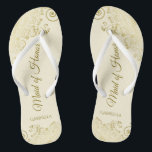 Golden Lace on Ivory Cream Maid of Honor Wedding Flip Flops<br><div class="desc">These beautiful wedding flip flops are a great way to thank and recognize your Maid of Honor while saving her feet at the same time. Features an elegant design with golden lace frills on an ivory or cream colored background and fancy gold colored script lettering. The test reads Maid of...</div>