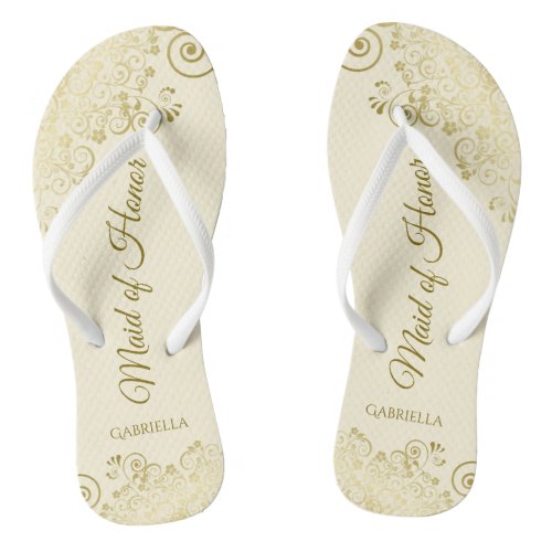 Golden Lace on Ivory Cream Maid of Honor Wedding Flip Flops