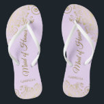 Golden Lace on Lilac Purple Maid of Honor Wedding Flip Flops<br><div class="desc">These beautiful wedding flip flops are a great way to thank and recognize your Maid of Honor while saving her feet at the same time. Features an elegant design with golden lace frills on a lilac, lavender, or pale purple colored background and fancy gold colored script lettering. The test reads...</div>