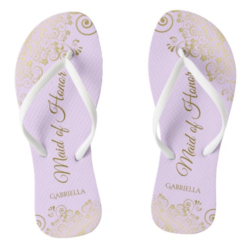 Golden Lace on Lilac Purple Maid of Honor Wedding Flip Flops