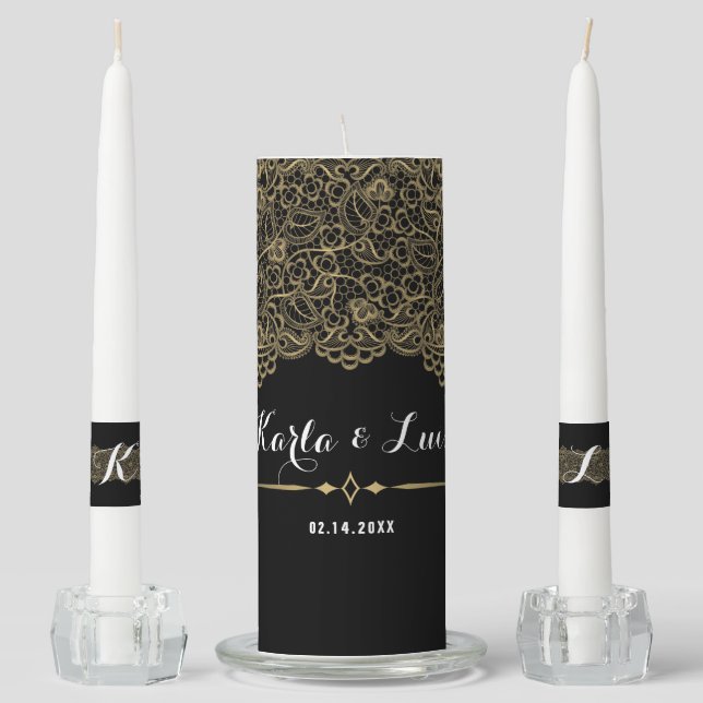 Golden Lace Wedding Unity Candle Set (Front)