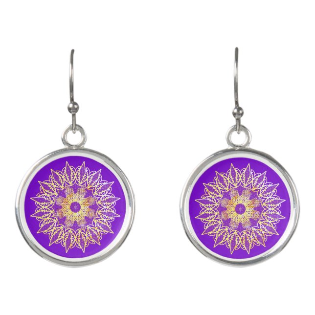 Golden laced mandala on a purple background earrings (Front)