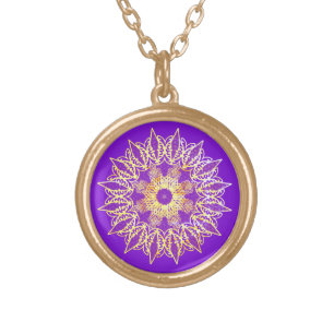 Golden laced mandala on a purple background gold plated necklace