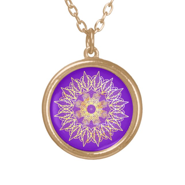 Golden laced mandala on a purple background gold plated necklace (Front)