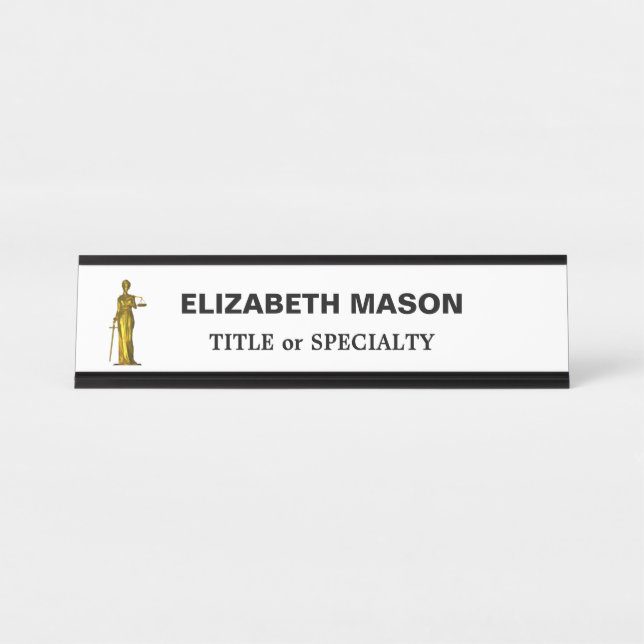 Golden Lady Justice on White Desk Name Plate (Front)