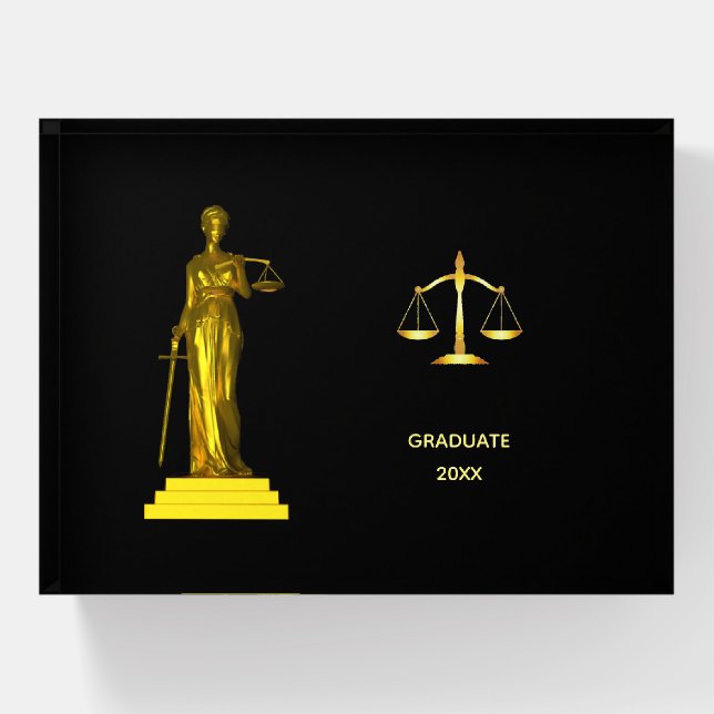 Golden Lady Justice & Scales of Justice on Black Paperweight (Front)