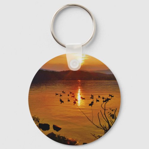 Golden lake sunset with geese keychain