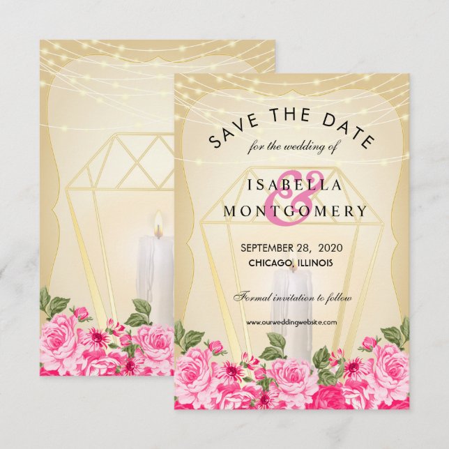 Golden Lantern and Pink Floral Invitation (Front/Back)