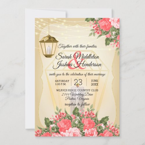 Golden Lanterns and Coral Flower Wedding Invitation