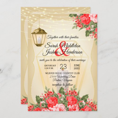 Golden Lanterns and Red Flower Wedding Invitation