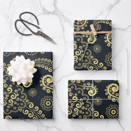 Golden Large Luxury Paisley on Black Background Wrapping Paper Sheets