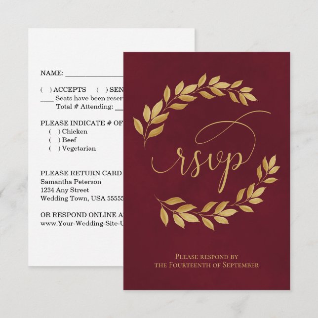 Golden Laurel Leaves on Burgundy Elegant Wedding RSVP Card (Front/Back)