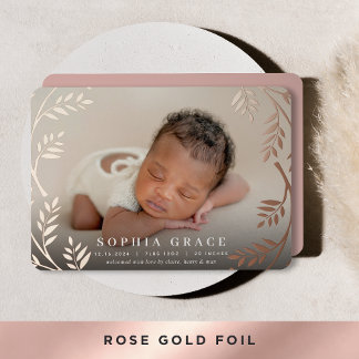 Golden Laurel | Rose Gold Foil Birth Announcement
