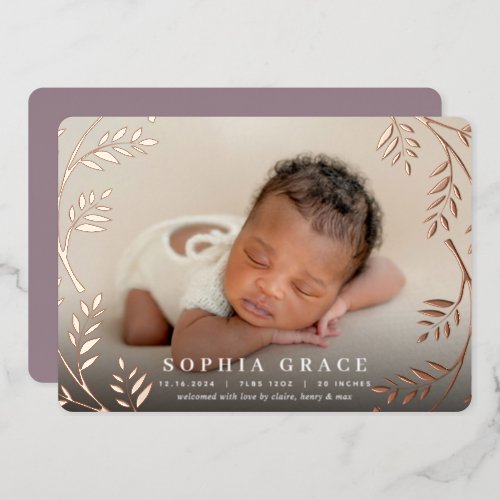 Golden Laurel  Rose Gold Foil Birth Announcement