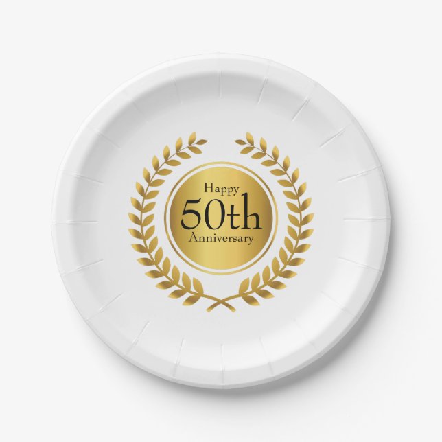 Golden Laurel Wreath 50th Anniversry Paper Plates (Front)