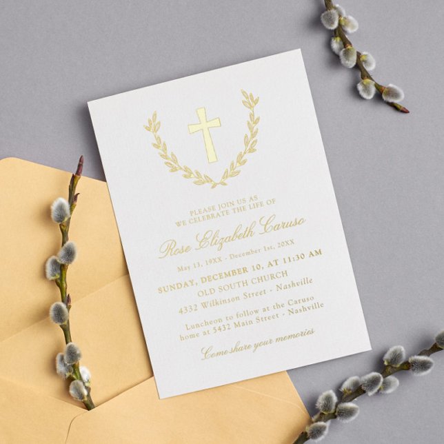 Golden Laurel Wreath Cross Celebration of Life Foil Invitation (Creator Uploaded)