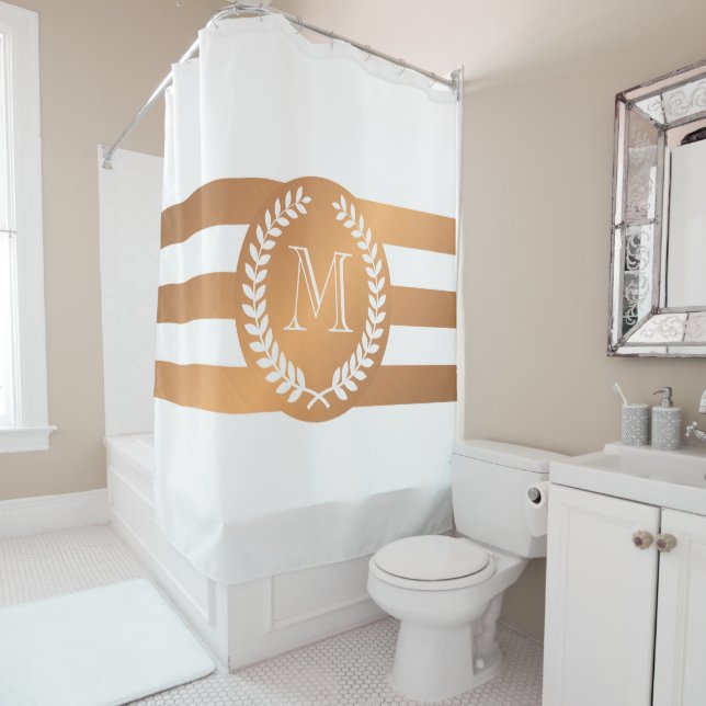 Golden Laurel Wreath Monogram Shower Curtain (In Situ)