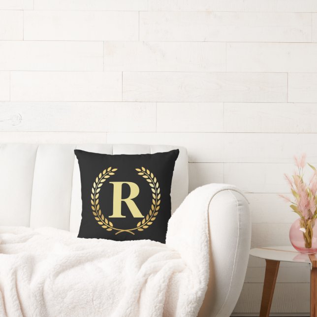 Golden Laurel Wreath Personalized Initial  Throw Pillow (Couch)