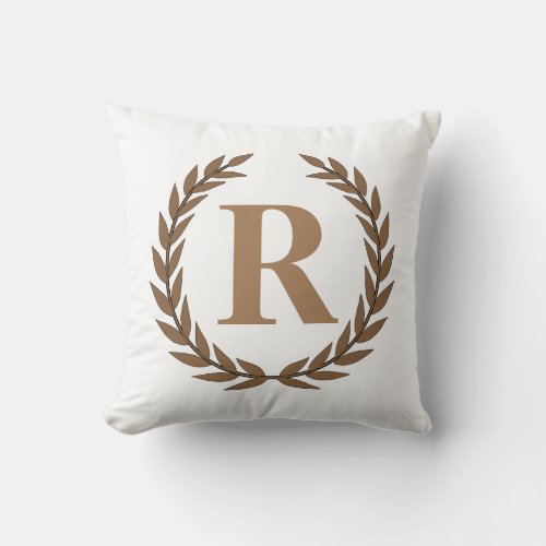 Golden Laurel Wreath Personalized Initial White Throw Pillow