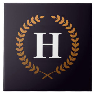 Golden Laurel Wreaths Monogram Ceramic Tile