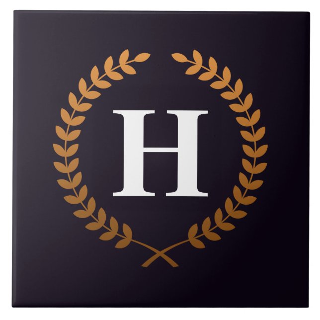 Golden Laurel Wreaths Monogram Ceramic Tile (Front)