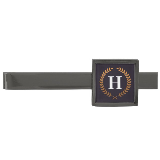 Golden Laurel Wreaths Monogram Gunmetal Finish Tie Bar (Front)