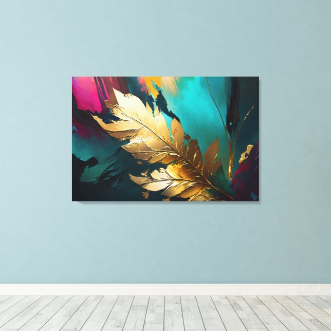 Golden Leaf – Abstract Botanical Modern Art Canvas Print (Insitu(Wood Floor))