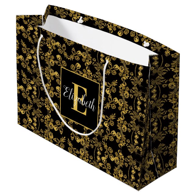 Golden leaf and black luxury | Monogram custom Large Gift Bag (Back Angled)